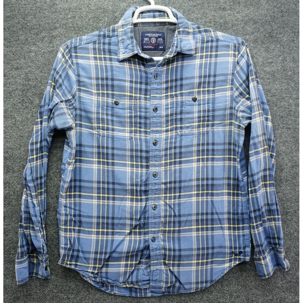 American Eagle Button Up Shirt Mens Medium Blue Plaid Athletic Fit Long Sleeve
